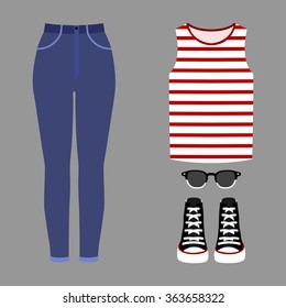 Set of trendy women's clothes. Outfit of woman jeans, t-shirt and accessories. Women's wardrobe. Vector illustration