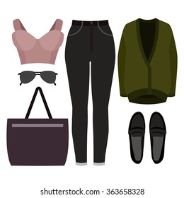 Set of trendy women's clothes. Outfit of woman jeans, cardigan, bustiers top and accessories. Women's wardrobe. Vector illustration