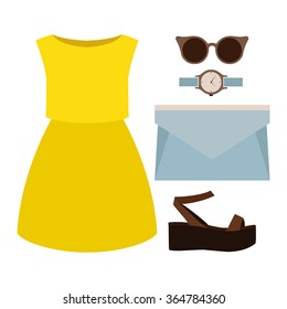 Set of trendy women's clothes. Outfit of woman dress and accessories. Women's wardrobe. Vector illustration