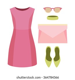 Set of trendy women's clothes. Outfit of woman dress and accessories. Women's wardrobe. Vector illustration