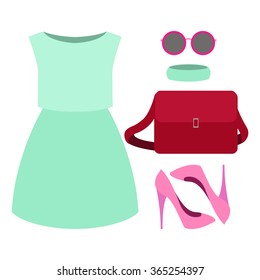 Set of trendy women's clothes. Outfit of woman dress and accessories. Women's wardrobe. Vector illustration