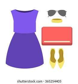Set of trendy women's clothes. Outfit of woman dress and accessories. Women's wardrobe. Vector illustration