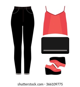 Set of trendy women's clothes. Outfit of woman jeans, top and accessories. Women's wardrobe. Vector illustration