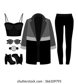 Set of trendy women's clothes. Outfit of woman coat, jeans, bustiers top and accessories. Women's wardrobe. Vector illustration