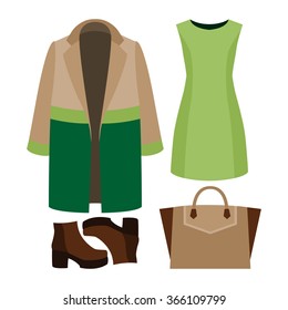 Set of trendy women's clothes. Outfit of woman coat, dress and accessories. Women's wardrobe. Vector illustration