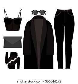 Set of trendy women's clothes. Outfit of woman coat, jeans, bustiers top and accessories. Women's wardrobe. Vector illustration