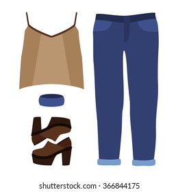Set of trendy women's clothes. Outfit of woman jeans, top and accessories. Women's wardrobe. Vector illustration
