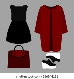 Set of trendy women's clothes. Outfit of woman coat, dress and accessories. Women's wardrobe. Vector illustration