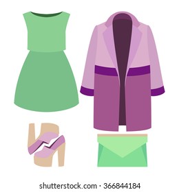 Set of trendy women's clothes. Outfit of woman coat, dress and accessories. Women's wardrobe. Vector illustration