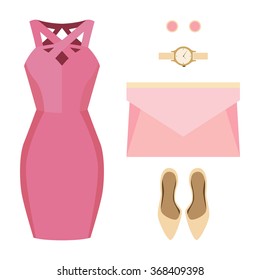 Set of trendy women's clothes. Outfit of woman dress and accessories. Women's wardrobe. Vector illustration