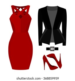 Set of trendy women's clothes. Outfit of woman jacket, dress and accessories. Women's wardrobe. Vector illustration