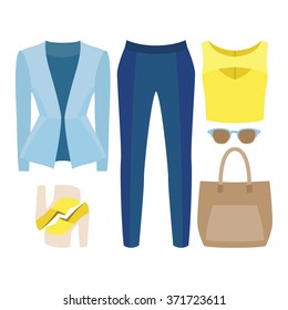 Set of trendy women's clothes. Outfit of woman jacket, panties, top and accessories. Women's wardrobe. Vector illustration