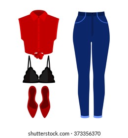 Set of trendy women's clothes. Outfit of woman jeans, shirt, bra and accessories. Women's wardrobe. Vector illustration