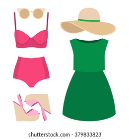 Set of trendy women's clothes. Outfit of woman swimsuit, dress and accessories. Women's wardrobe. Vector illustration