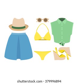 Set of trendy women's clothes. Outfit of woman swimsuit, skirt, shirt and accessories. Women's wardrobe. Vector illustration