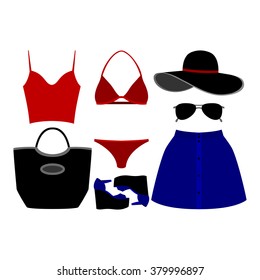 Set of trendy women's clothes. Outfit of woman swimsuit, skirt, top and accessories. Women's wardrobe. Vector illustration