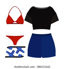 Set of trendy women's clothes. Outfit of woman swimsuit, shorts, top and accessories. Women's wardrobe. Vector illustration