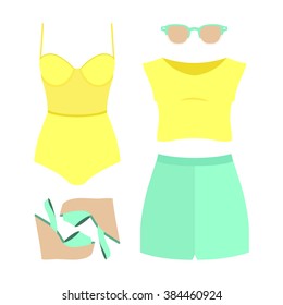 Set of trendy women's clothes. Outfit of woman swimsuit, shorts, top and accessories. Women's wardrobe. Vector illustration