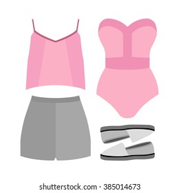 Set of trendy women's clothes. Outfit of woman swimsuit, shorts, top and accessories. Women's wardrobe. Vector illustration