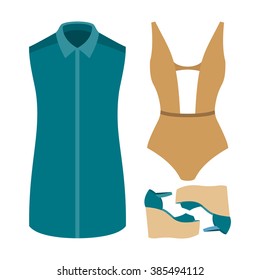 Set of trendy women's clothes. Outfit of woman swimsuit, dress and accessories. Women's wardrobe. Vector illustration