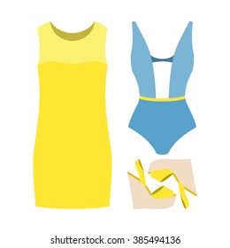 Set of trendy women's clothes. Outfit of woman swimsuit, dress and accessories. Women's wardrobe. Vector illustration