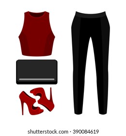 Set of trendy women's clothes. Outfit of woman top, panties and accessories. Women's wardrobe. Vector illustration
