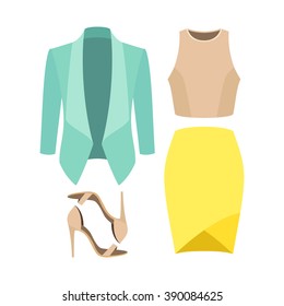 Set of trendy women's clothes. Outfit of woman jacket, skirt, top and accessories. Women's wardrobe. Vector illustration