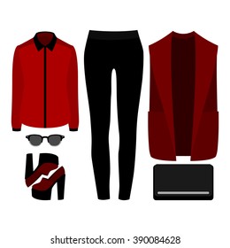 Set of trendy women's clothes. Outfit of woman vestcoat, shirt, panties and accessories. Women's wardrobe. Vector illustration