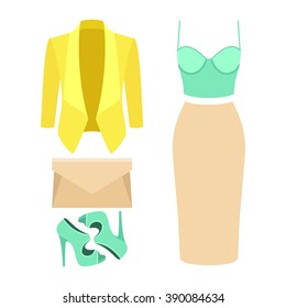 Set of trendy women's clothes. Outfit of woman jacket, skirt, bustiers top and accessories. Women's wardrobe. Vector illustration