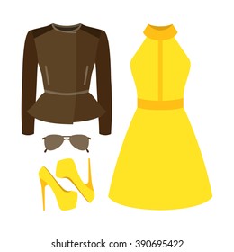 Set of trendy women's clothes. Outfit of woman rocker jacket, dress and accessories. Women's wardrobe. Vector illustration