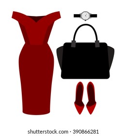Set of trendy women's clothes. Outfit of woman dress and accessories. Women's wardrobe. Vector illustration