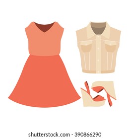 Set of trendy women's clothes. Outfit of woman denim vest coat, dress and accessories. Women's wardrobe. Vector illustration