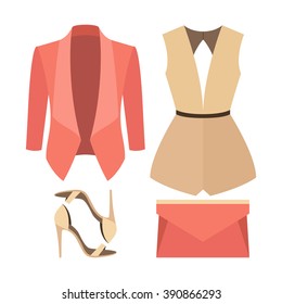 Set of trendy women's clothes. Outfit of woman jacket, overall and accessories. Women's wardrobe. Vector illustration