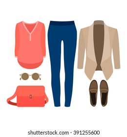 Set of trendy women's clothes. Outfit of woman jacket, jeans, shirt and accessories. Women's wardrobe. Vector illustration