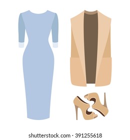 Set of trendy women's clothes. Outfit of woman vest coat, dress and accessories. Women's wardrobe. Vector illustration
