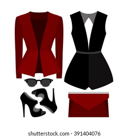 Set of trendy women's clothes. Outfit of woman overall, jacket and accessories. Women's wardrobe. Vector illustration