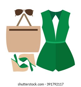 Set of trendy women's clothes. Outfit of woman overall and accessories. Women's wardrobe. Vector illustration