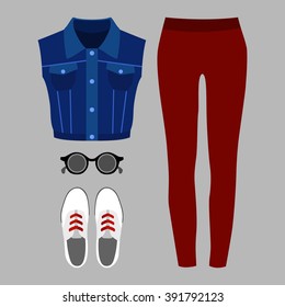 Set of trendy women's clothes. Outfit of woman denim vest coat, panties and accessories. Women's wardrobe. Vector illustration