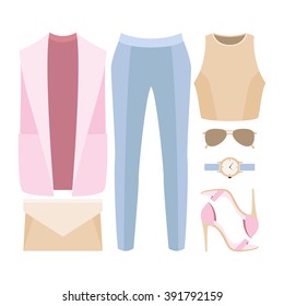 Set of trendy women's clothes. Outfit of woman vest coat, blouse, panties and accessories. Women's wardrobe. Vector illustration