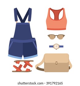 Set of trendy women's clothes. Outfit of woman denim overall, top and accessories. Women's wardrobe. Vector illustration