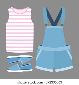 Set of trendy women's clothes. Outfit of woman denim overall, t-shirt and accessories. Women's wardrobe. Vector illustration