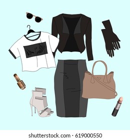 Set of trendy women's clothes. Outfit of woman jacket, skirt, shirt and accessories. Women's wardrobe. Vector illustration