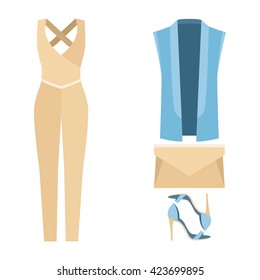 Set of trendy women's clothes with overall, vest and accessories. Vector illustration