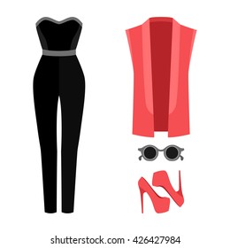 Set of trendy women's clothes with overall, vest and accessories. Vector illustration