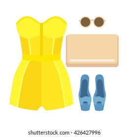 Set of trendy women's clothes with overall and accessories. Vector illustration