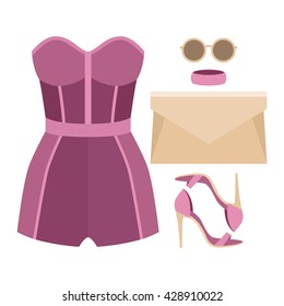 Set of trendy women's clothes with overall and accessories. Vector illustration