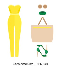 Set of trendy women's clothes with overall and accessories. Vector illustration