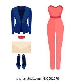 Set of trendy women's clothes with overall, jacket and accessories. Vector illustration