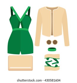 Set of trendy women's clothes with overall, jacket and accessories. Vector illustration