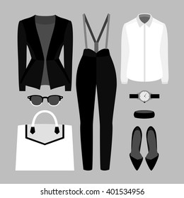 Set of trendy women's clothes with panties, jacket, shirt and accessories. Vector illustration